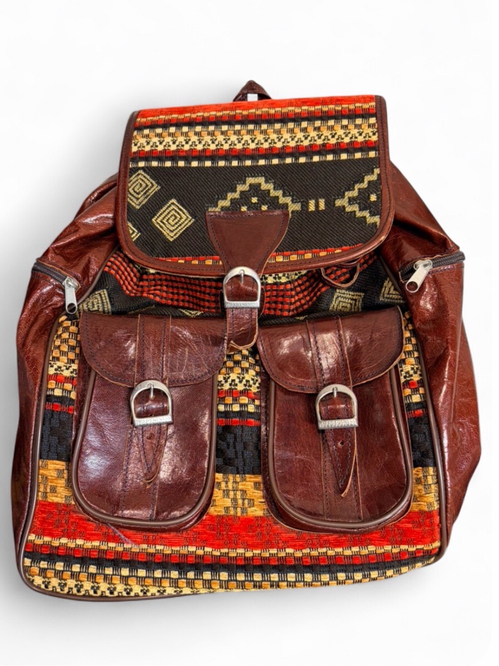 Vintage Vrai Cuir Leather‎ Tapestry Backpack - Boho Moroccan Handcrafted Bag